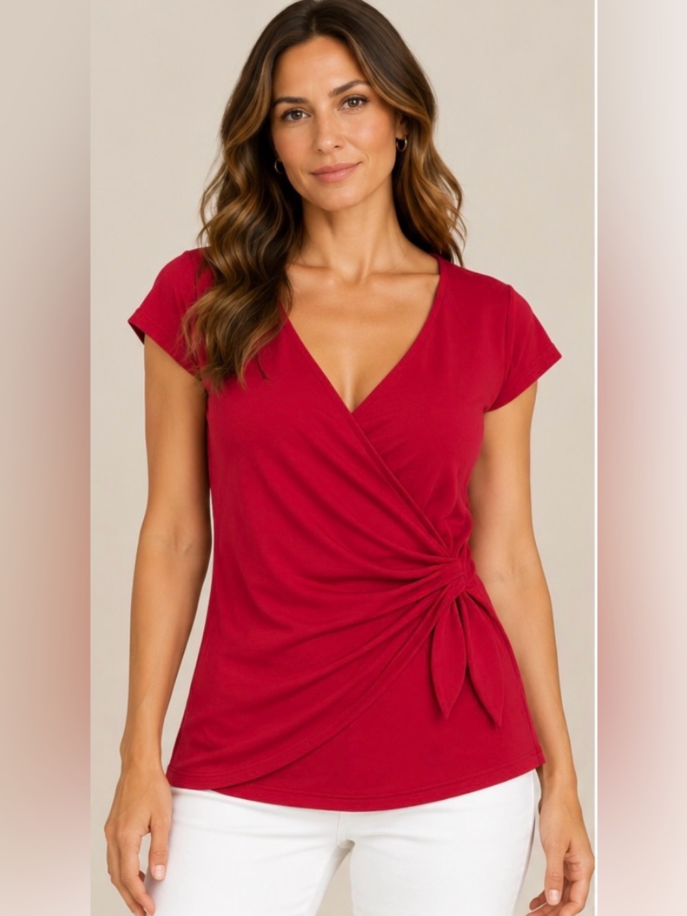 Tahari Red Short-Sleeve Side-Tie Wrap Top